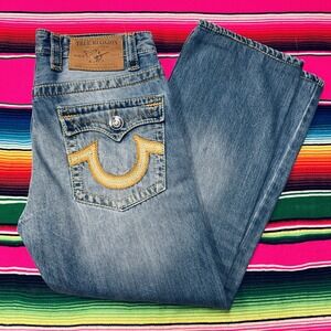 True Religion Jeans Men 32x34‎ Thick Stitch Ricky Relaxed Straight Flap USA
